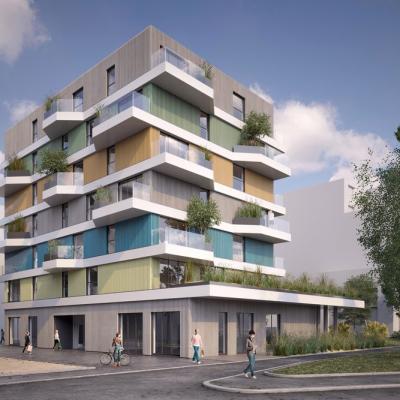 Seebogenplatz in Aspern, Modell-Ansicht auf die Ecke des Gebäudes von der Strasse – LCB Planung GmbH.