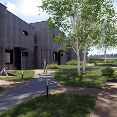 Obritzberg, LCB-Planung GmbH, Rendering - Nachbarschaftsraum mit privaten Vorgärten und Hauseingängen