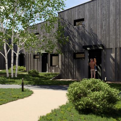 Obritzberg, LCB-Planung GmbH, Rendering - Nachbarschaftsraum mit privaten Vorgärten und Hauseingängen